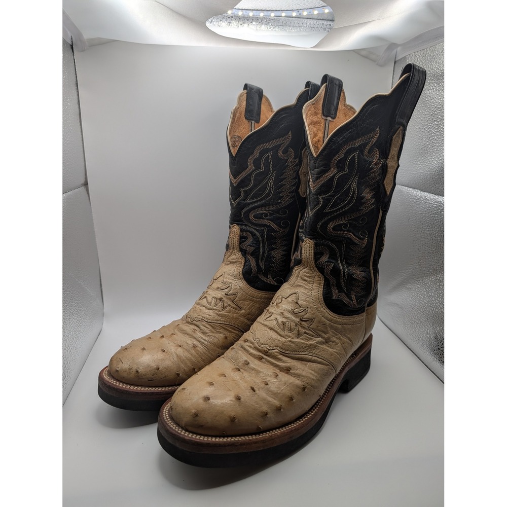 Lucchese 2000 Vintage Ostrich Cowboy Boots Womens 8B Tan Black Western USA